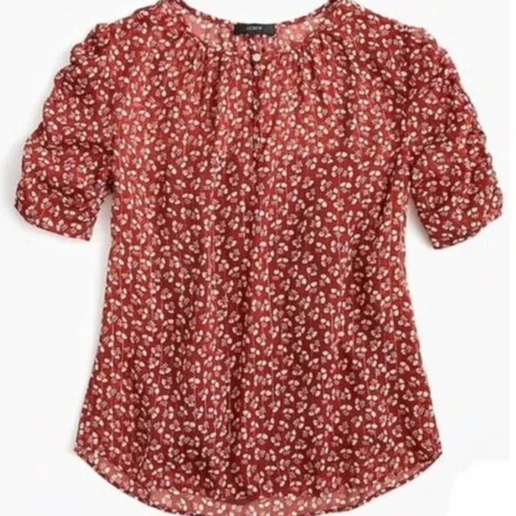 J. Crew Ruched Sleeve Sparkle Floral Top Blouse‎ Women's Medium Brown Boho Fairy - Picture 1 of 9